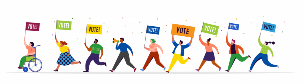 Illustration of people holding "vote" signs